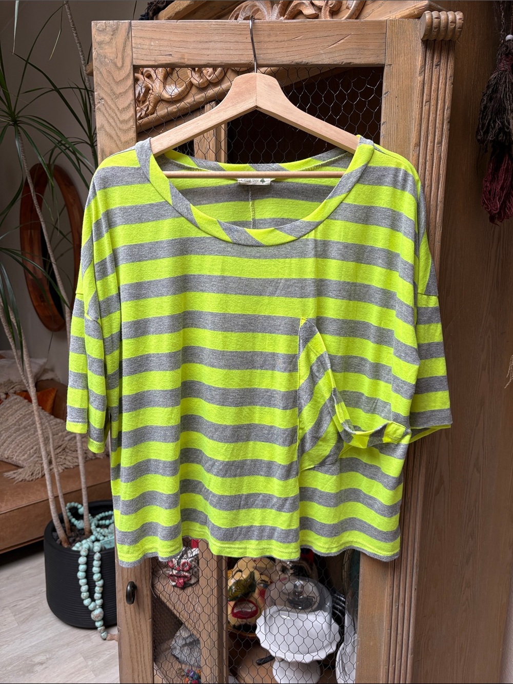 Cedar Tree Neon Green Striped Boxy Tee